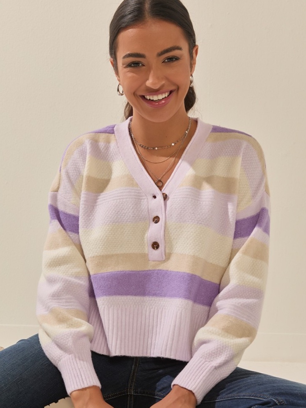 Francesca's Collections Lilac, Cream & Beige Striped V-Neck Sweater